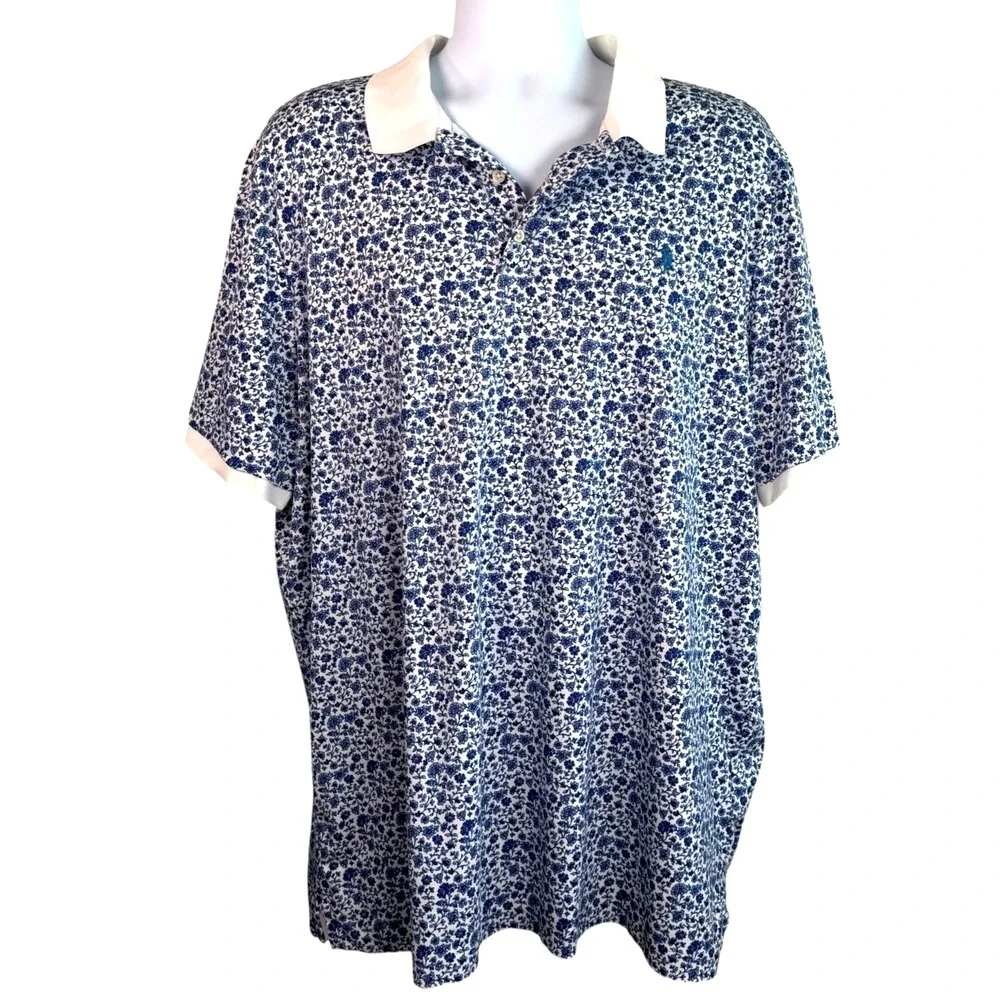 Polo Ralph Lauren Mens Floral Classic Fit Polo Shirt Sz XXL Blue White Cotton